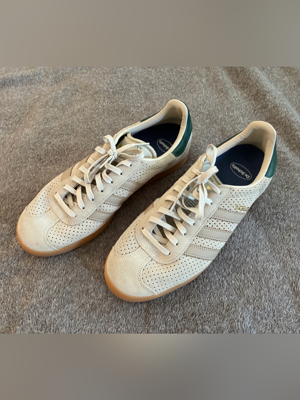 adidas Gazelle Beige Suede Sneakers with Green Heel Tab